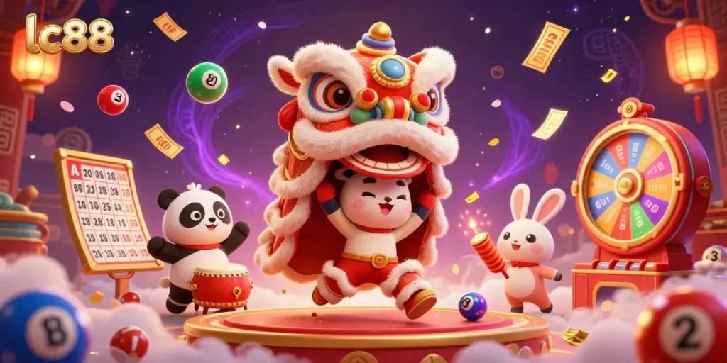 Engage in thrilling games at lc88 with a dynamic casino illustration showcasing festive characters and vibrant lottery elements.