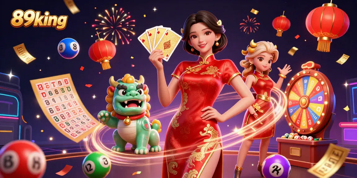 89king casino game illustration featuring vibrant elements like lottery balls and a prize wheel.