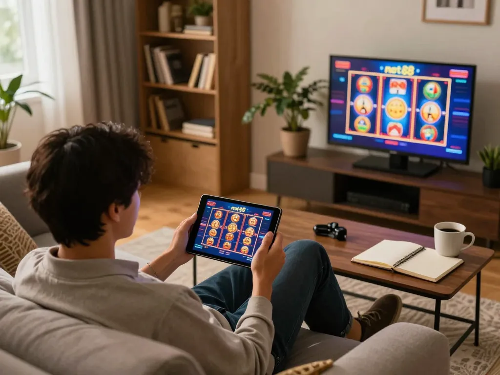 Player engaging in online net88 casino games on tablet in cozy home setting