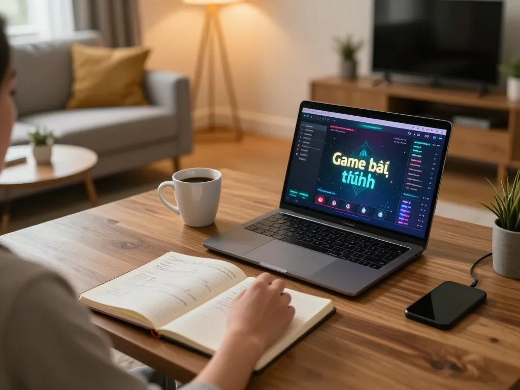 Engaging in Game bài đổi thưởng on a laptop in a cozy home setting with strategic notes.