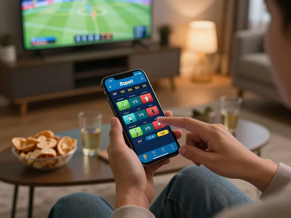 Engaging with the Bsport app for live sports betting on a smartphone in a cozy home setting