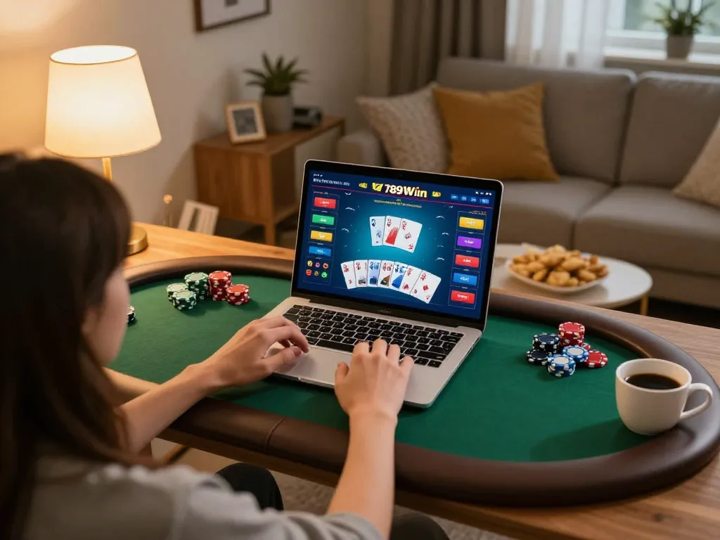 Engaged player enjoying a poker game on 789Win platform from home, showcasing online gambling strategy.