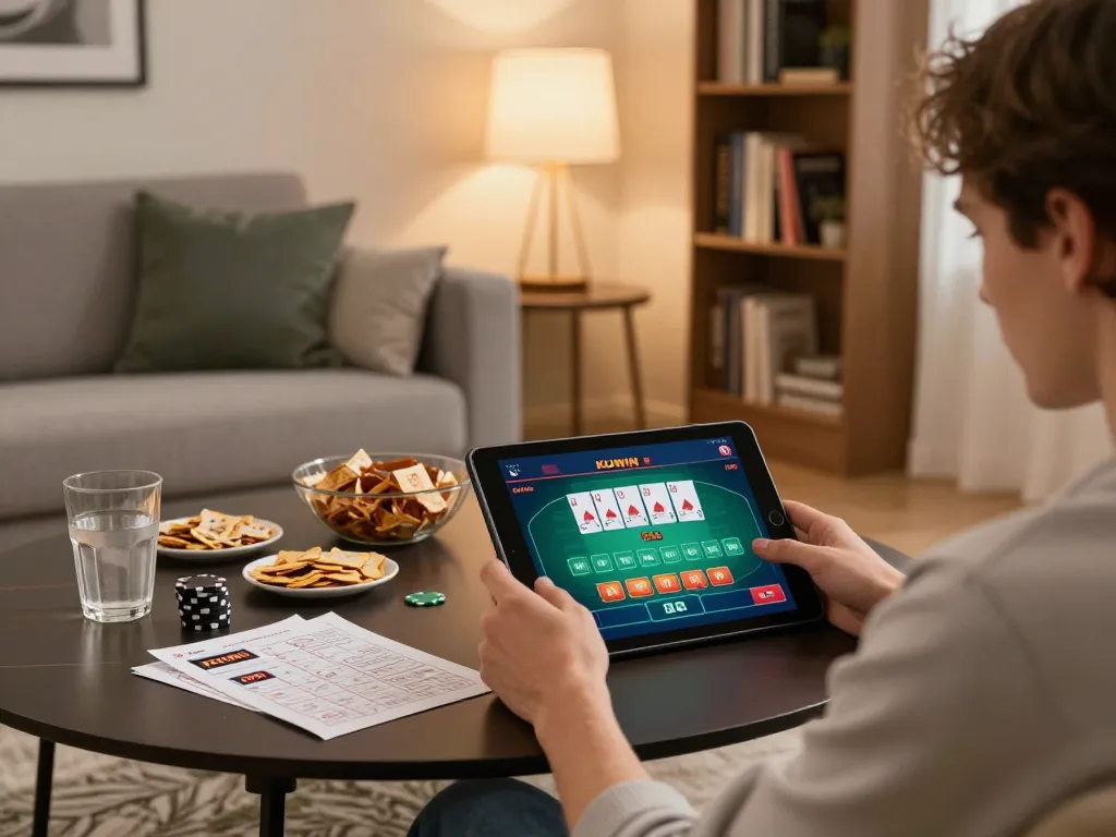 Gambling at home using KUWIN casino app on tablet with snacks and drinks