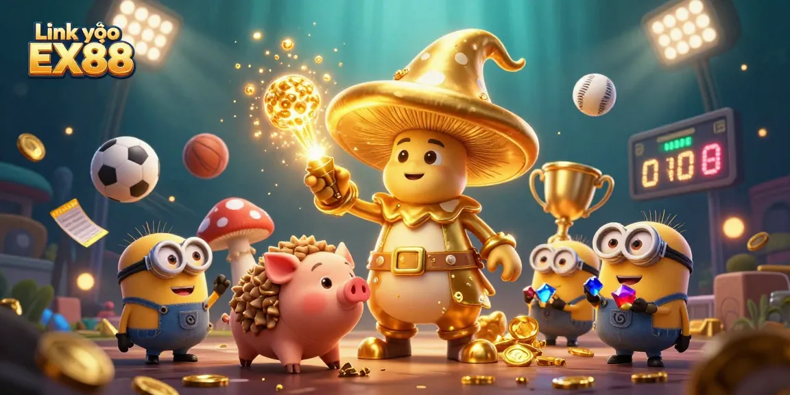 Win big with Link vào EX88 in a vibrant 3D casino scene filled with magical characters.