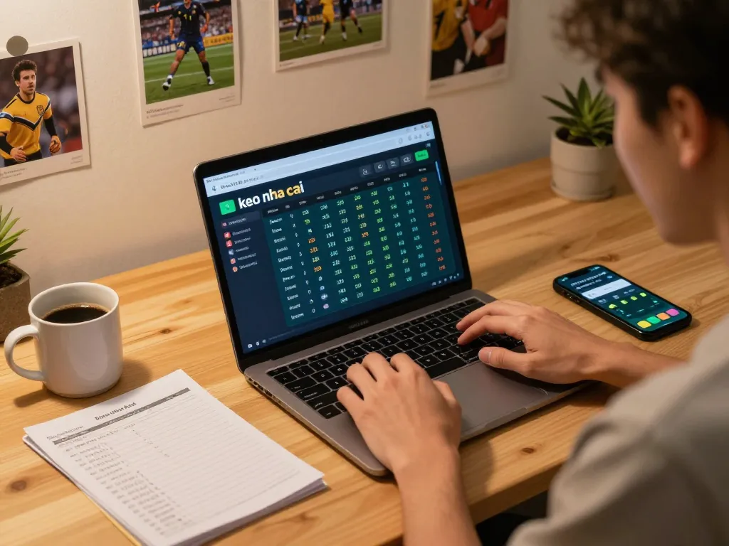 Engaging in 'keo nha cai' betting at home with laptop and strategy notes