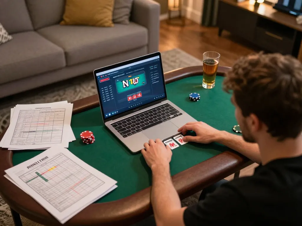 Player strategizing in a cozy home while engaging with NOHU90 online casino.