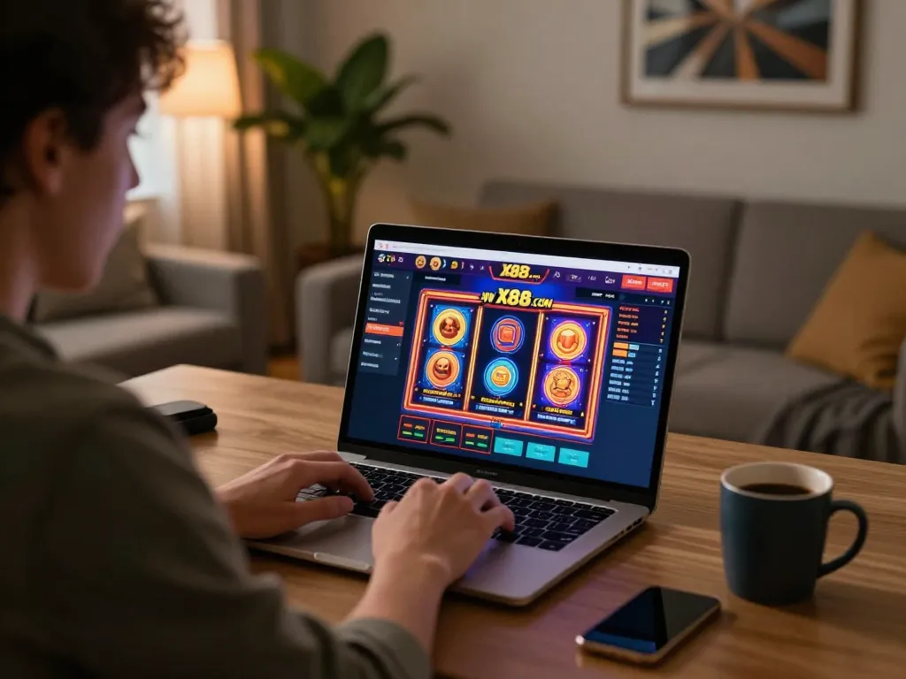 X88.COM user engaged in online casino gameplay at home desk with vibrant graphics on laptop