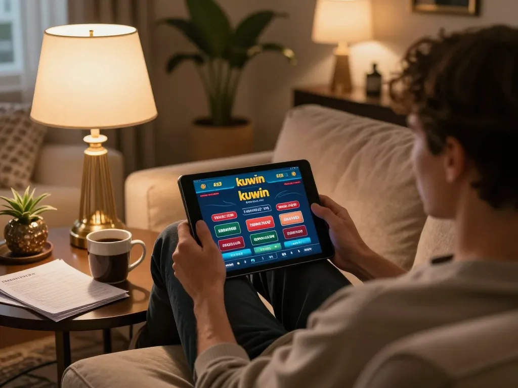 Engaging with kuwin casino app on a tablet at home, depicting responsible online gambling.
