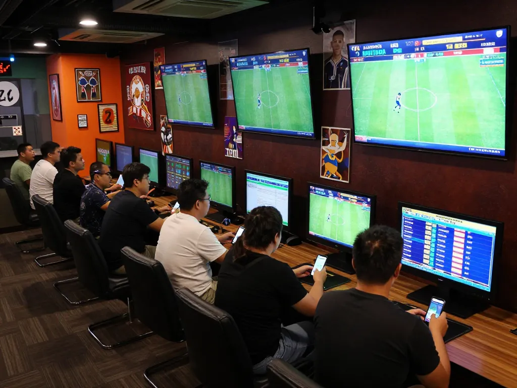 Kết quả bóng đá displayed on screens in a lively sports betting lounge, capturing intense fan engagement.