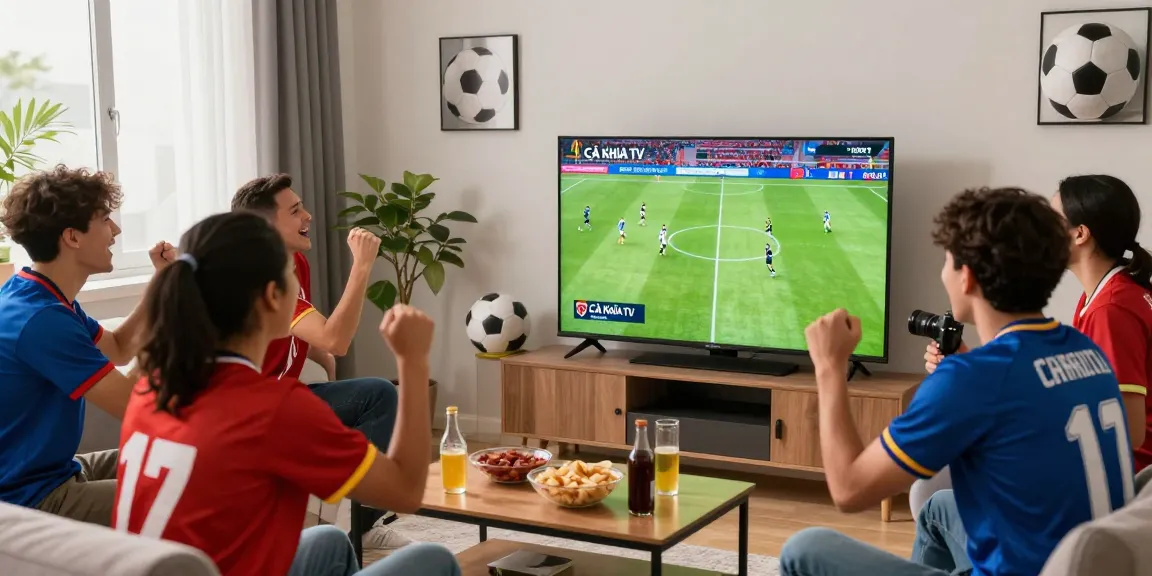 Friends enjoying a live broadcast on Cà Khịa TV during a football match with snacks and drinks