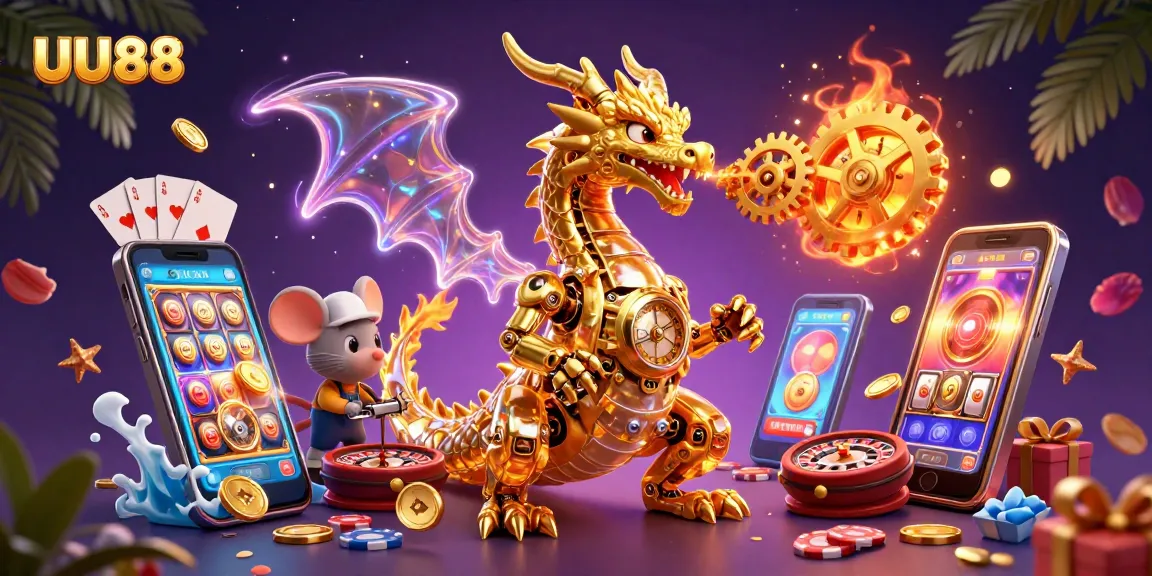 UU88 showcases a vibrant gambling scene with a golden dragon, dynamic slot games, and rich casino elements.