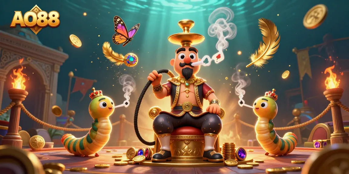 Experience the thrill of AO88 gaming featuring a vibrant 3D scene of a caterpillar and casino elements.