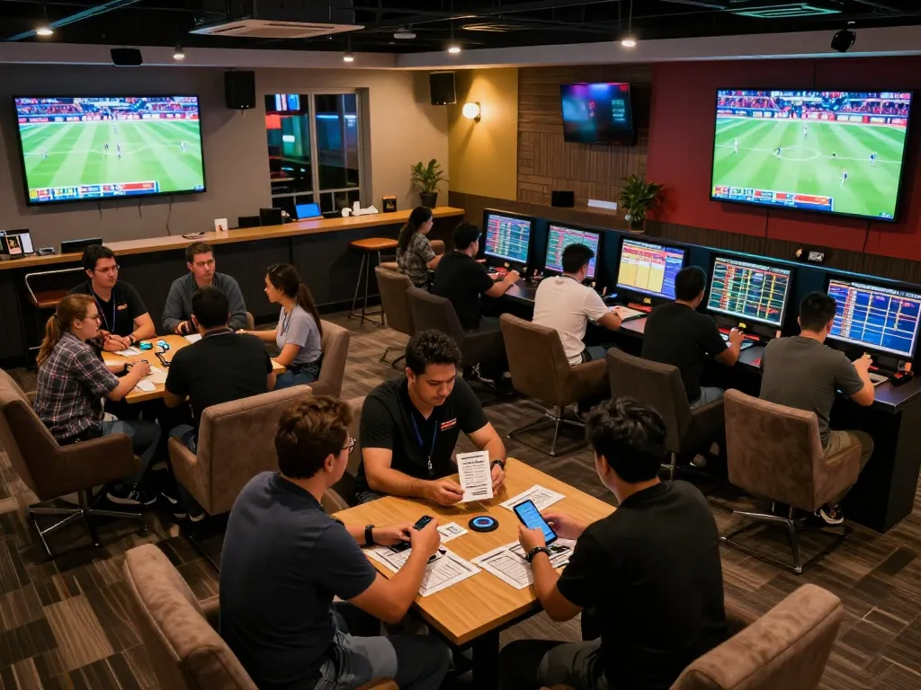 Enthusiastic fans engaging in keo nha cai betting in a modern lounge during live sports events