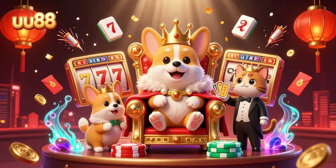 uu88 showcases a royal corgi casino theme amidst dynamic gaming elements like slots and poker.