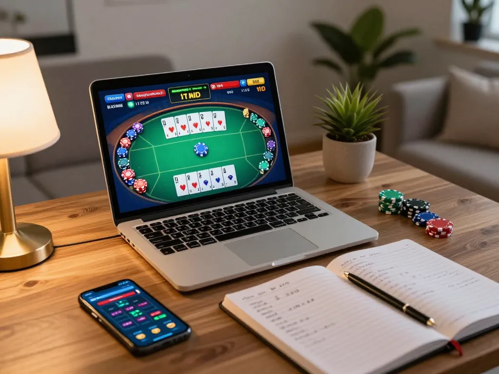 Player engaging with tg88 poker game on laptop, showcasing strategic gameplay in cozy home setup.