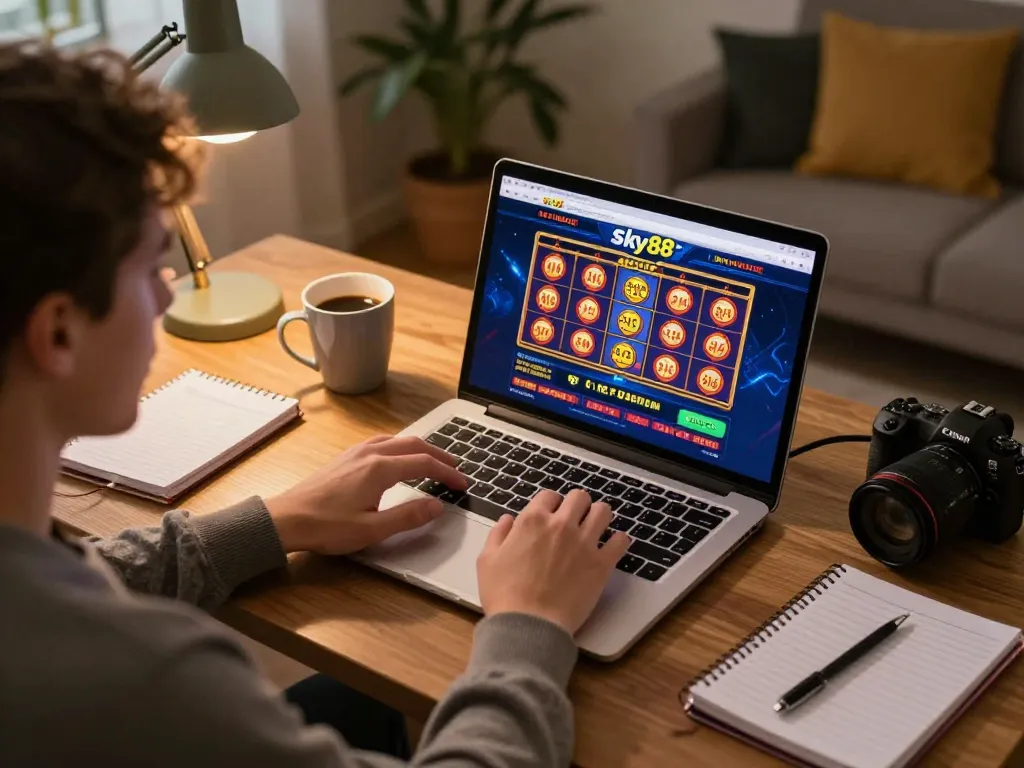 Engaging online scene with a player focusing on Sky88 casino gaming strategies and laptop visuals.