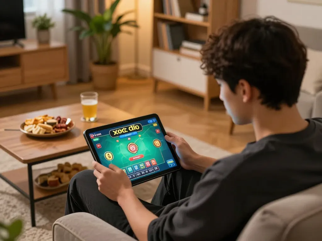 xóc đĩa online gameplay on tablet in a cozy home setting with snacks and drinks