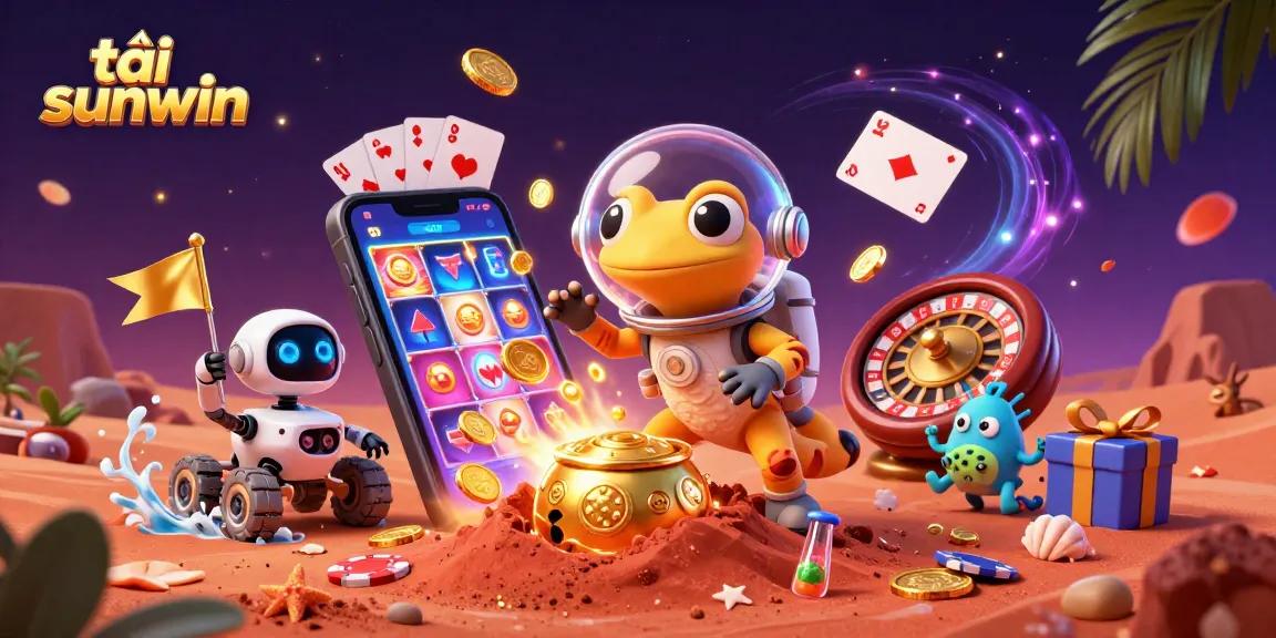 Engage with tải sunwin at a vibrant Martian casino featuring a gecko and robot celebrating wins.