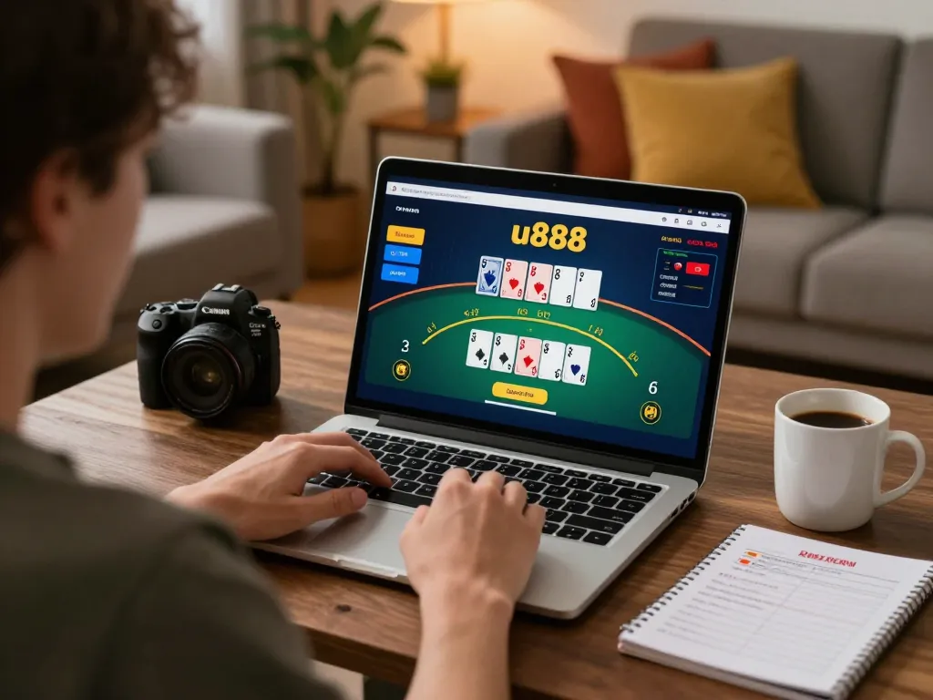 Player enjoying Blackjack gameplay on the u888 platform, showcasing a strategic home gaming setup with cards and guides.