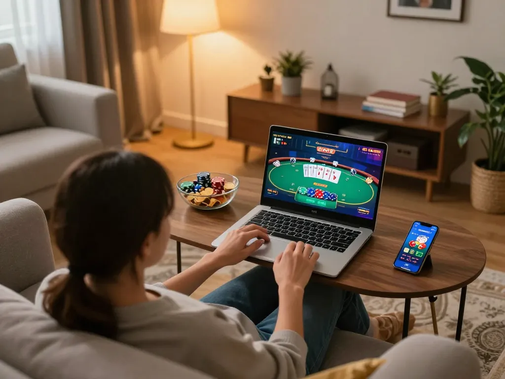 Engaging online poker gameplay at home with 78 win displayed on laptop screen, cozy atmosphere with snacks.