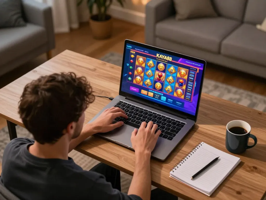 Engaging online gameplay at home featuring slot kaya88 on a laptop, highlighting player strategy.