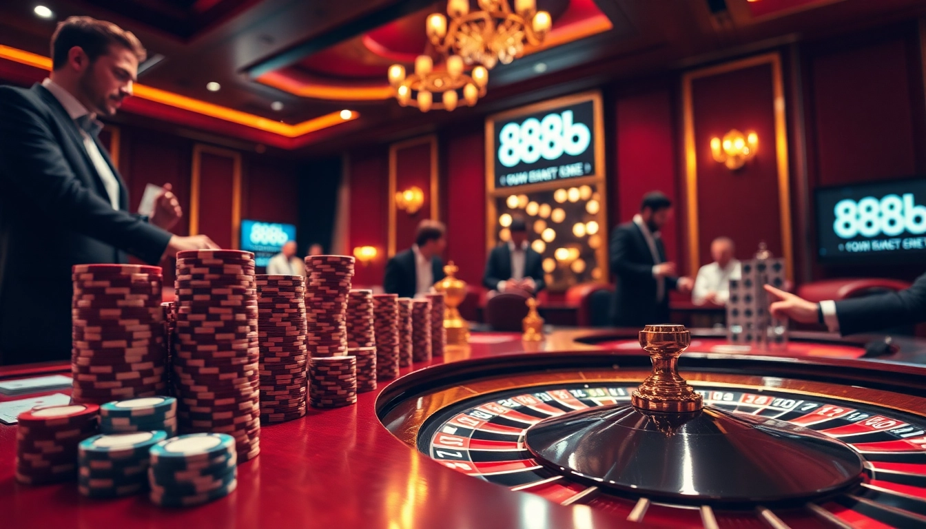 Experience thrilling gameplay at 888b with luxurious poker chips and a dazzling roulette wheel.