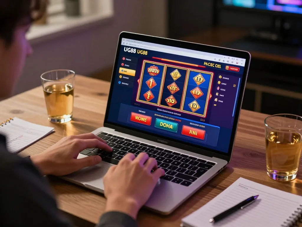 Engaging with UG88 casino layout on a laptop at home, illustrating online gaming strategy.
