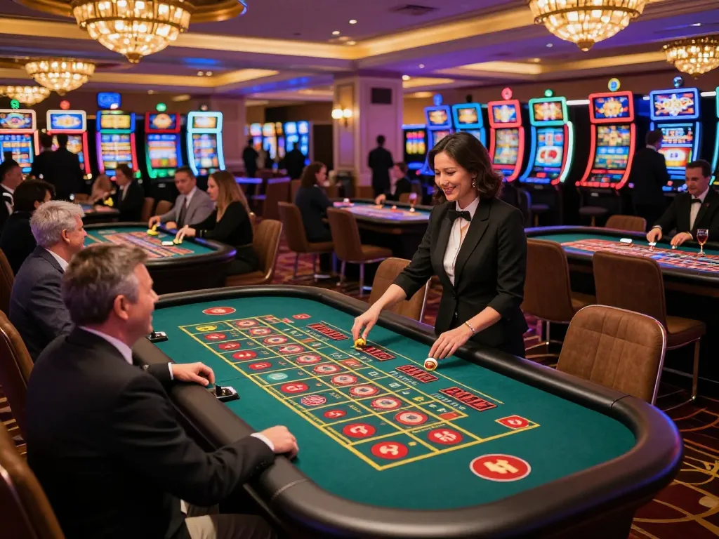 Players placing bets at roulette tables within a buzzing casino com, full of excitement and vibrant atmosphere.
