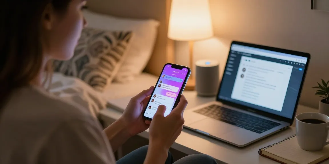 Cozy bedroom scene with individual using a smartphone for sex chat ai in a warm atmosphere.