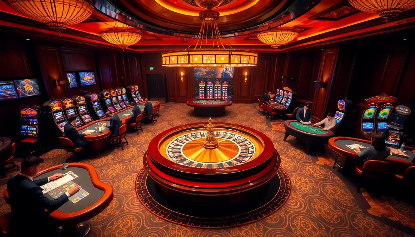 Strategically betting at a luxurious MMOO casino with roulette, poker, and slot machines.