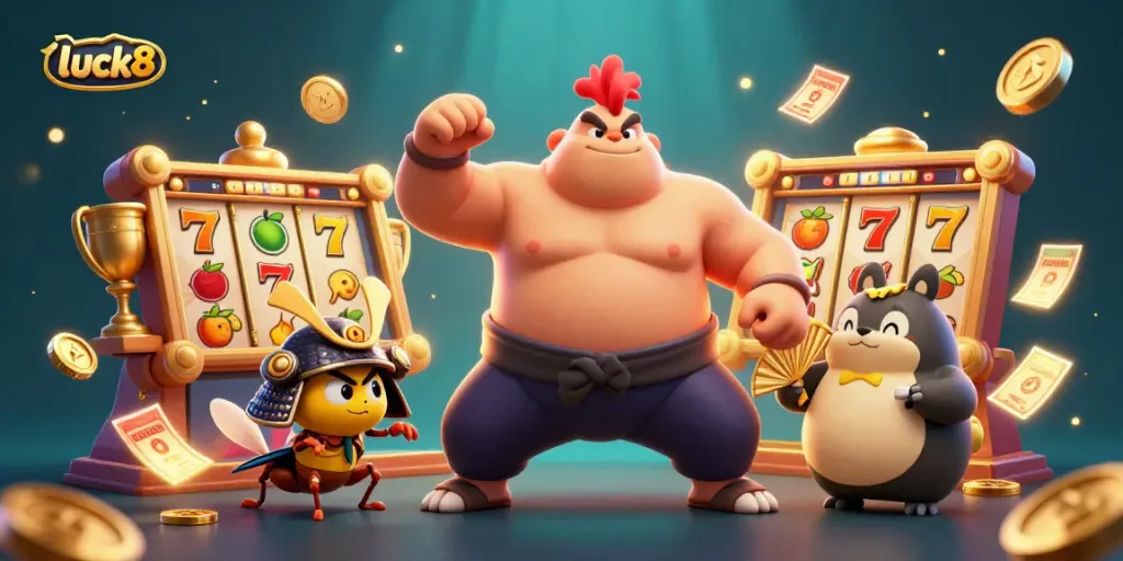 Experience thrilling gameplay with luck8 in this dynamic casino-themed scene featuring a powerful sumo rooster and samurai cricket.