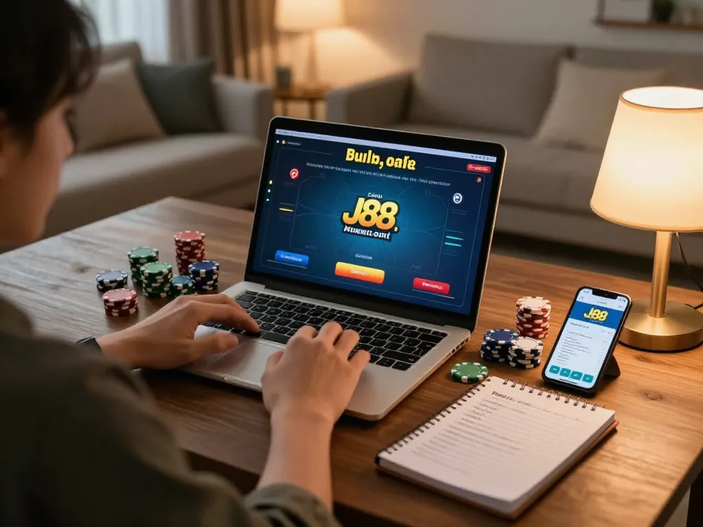 Engaging online poker gameplay on J88.com with strategic notes and vibrant chips in cozy living room.