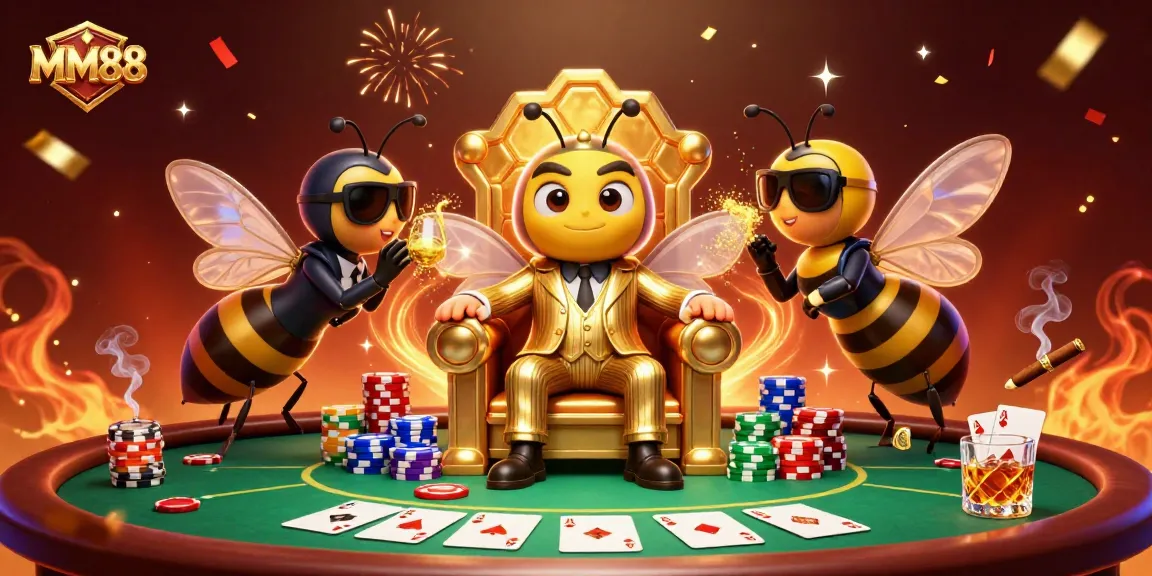 Experience the thrill of MM88 with a vibrant gaming scene filled with poker elements and dynamic characters.
