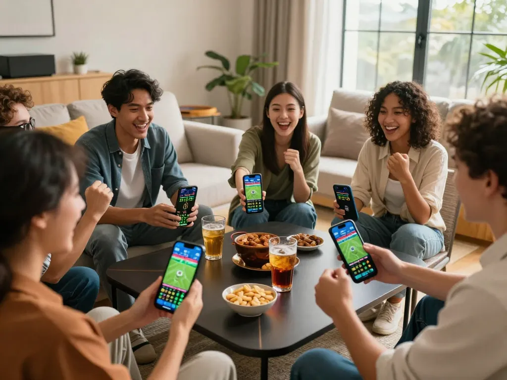 Excited friends celebrating their sports betting success at https://tx88at.com/, showcasing mobile betting and team spirit.