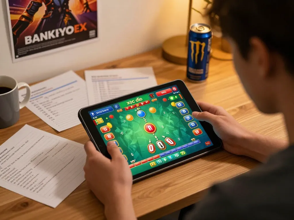 Xóc đĩa online game in action on a tablet with strategic notes, showcasing an interactive gaming experience.