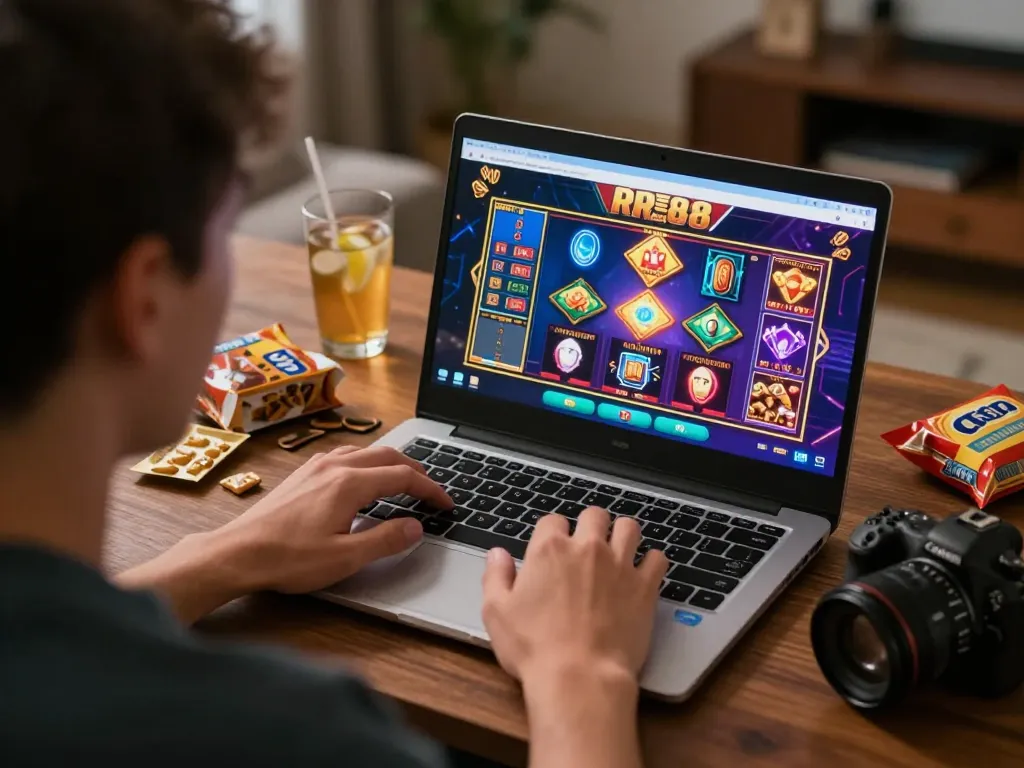 Engaged player enjoying RR 88 online casino gaming experience at home, showcasing vibrant graphics and relaxed atmosphere