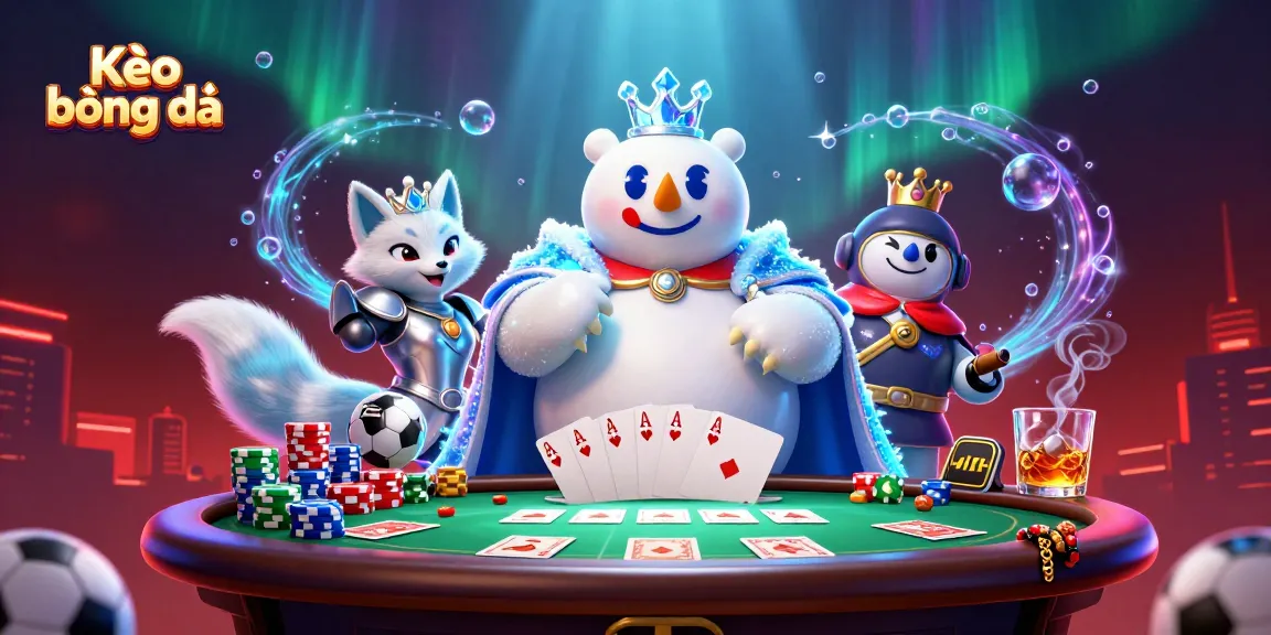Engage in Kèo bóng đá betting action with an ice king and his fox companion amid vibrant sports themes.