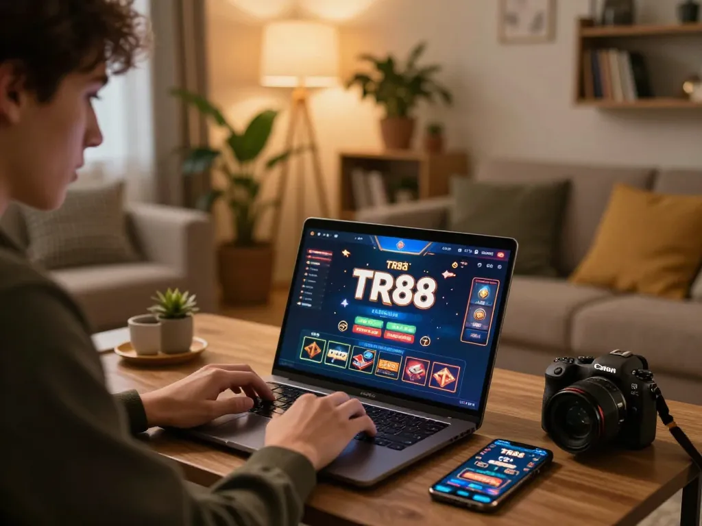 Player engaging with TR88 online casino on a laptop in a cozy home setting, showcasing gameplay excitement and comfort.