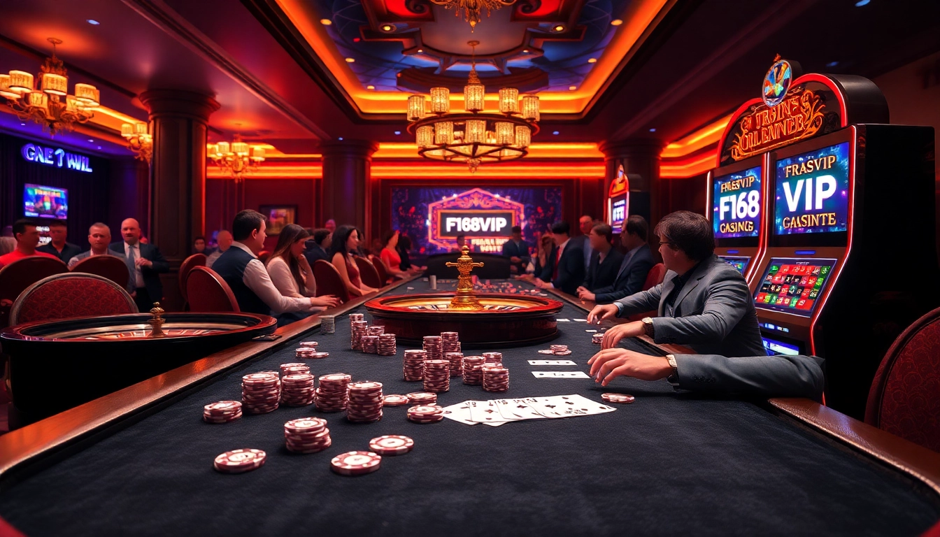 Experience the thrilling ambiance of F168VIP casino with vibrant gaming tables and engaging players.