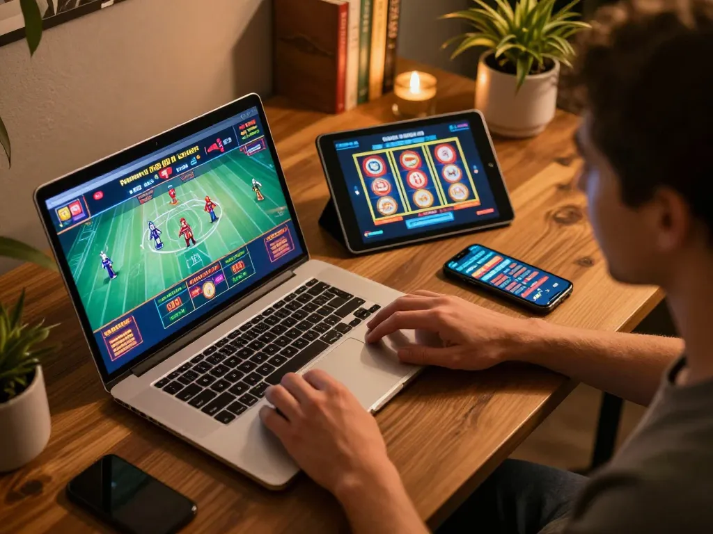 Engaging in 24/7 support online casino activities with a cozy home gaming setup.
