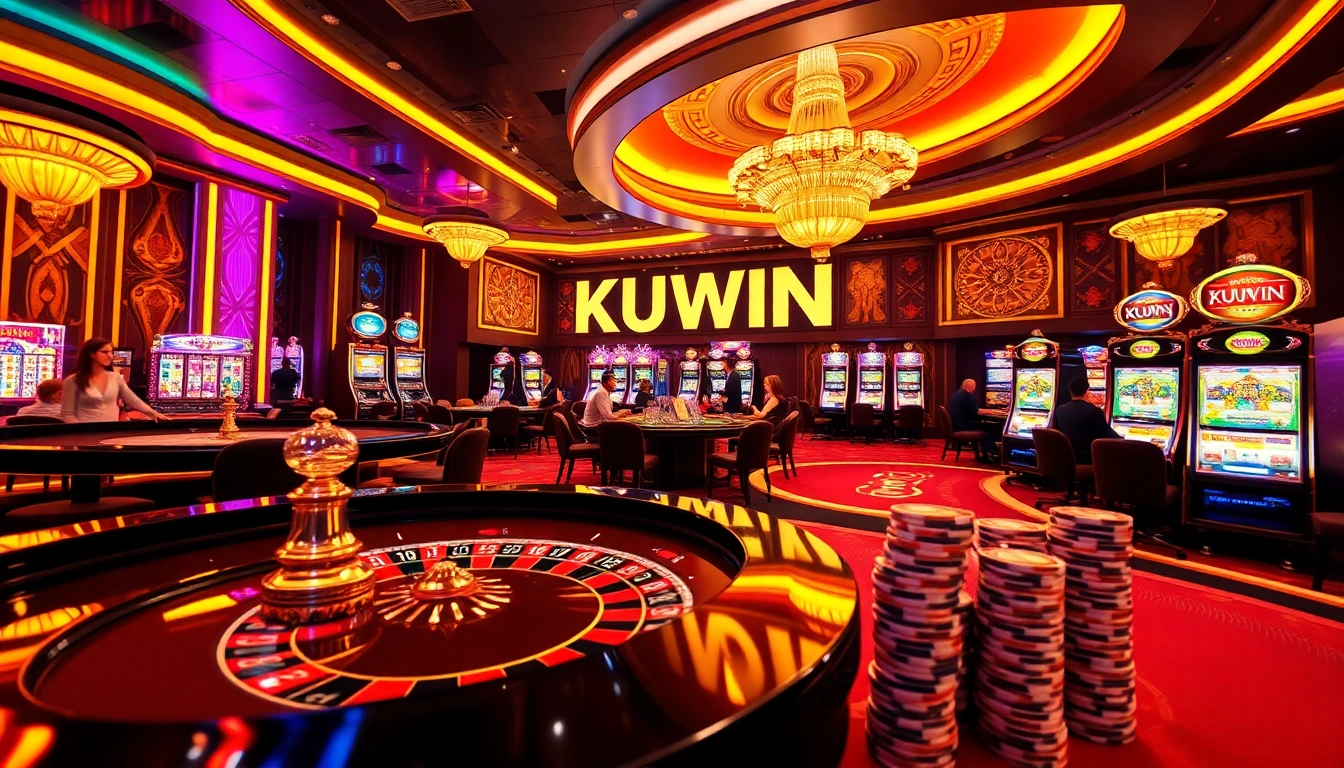 KUWIN casino scene with vibrant tables, poker players, and exciting slot machines.