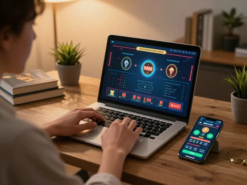 Player using the f168.osaka app on a laptop for engaging online casino gaming with strategic focus.