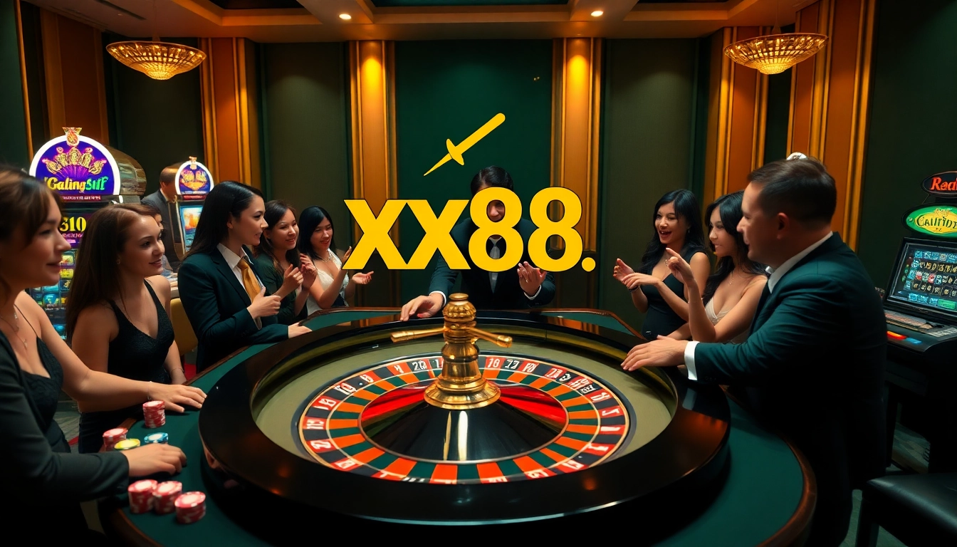Experience the excitement of gambling at https://xx88.moe/ with a luxurious casino scene featuring roulette and poker chips.