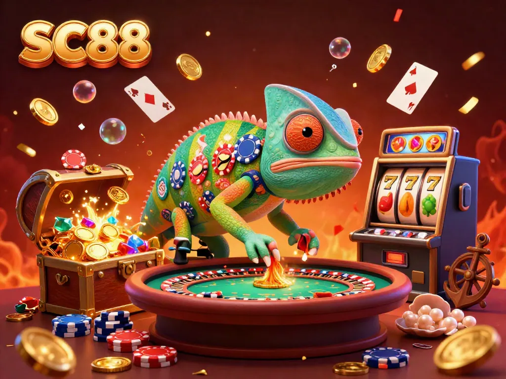 Engage in thrilling adventures at SC88's dynamic casino, highlighted by vibrant chameleon and gold coins galore.
