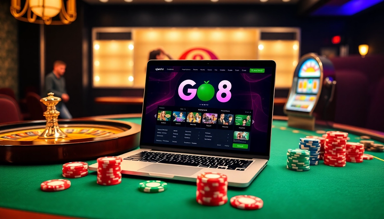 Go8 online gambling scene featuring a luxurious poker table and vibrant casino elements.