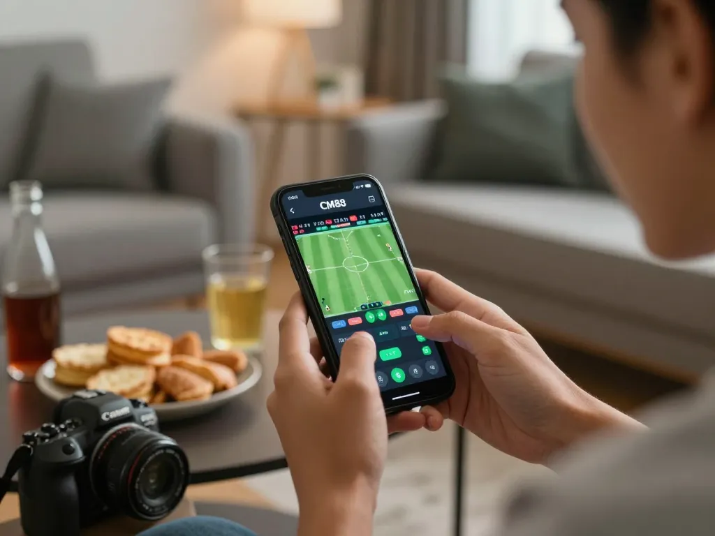 Player using the CM88 app for live sports betting, excitedly engaging with the betting interface