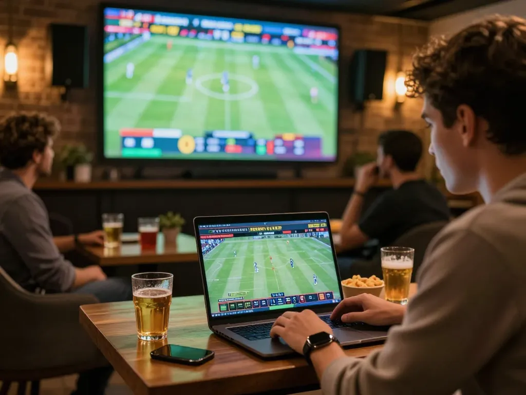 Engaged user analyzing sports odds on laptop at keonhacaii88 sports betting event.