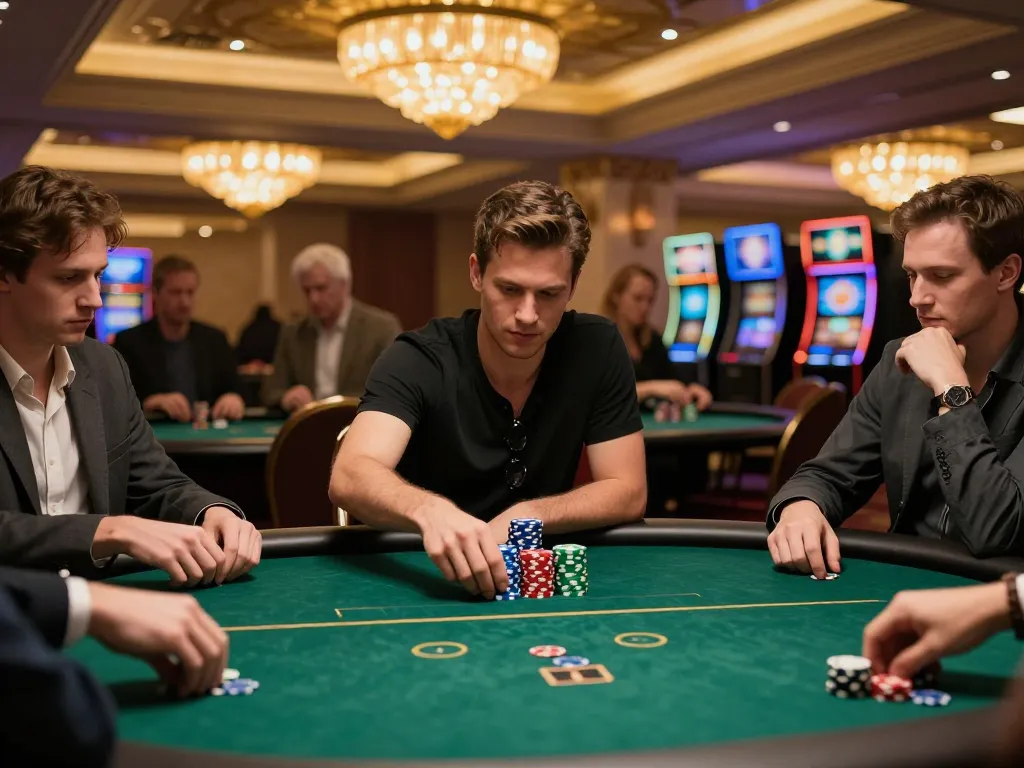 Player placing chips during intense poker game at elite casino, fooballl highlights strategic gameplay.