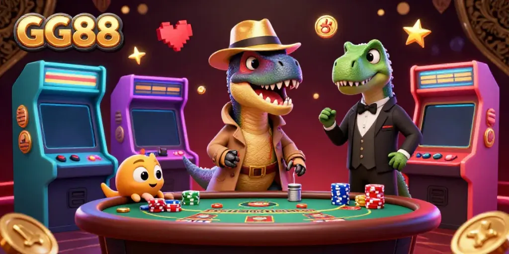 Experience the thrill of GG88 gaming with a velociraptor at the blackjack table in a lively casino setting.