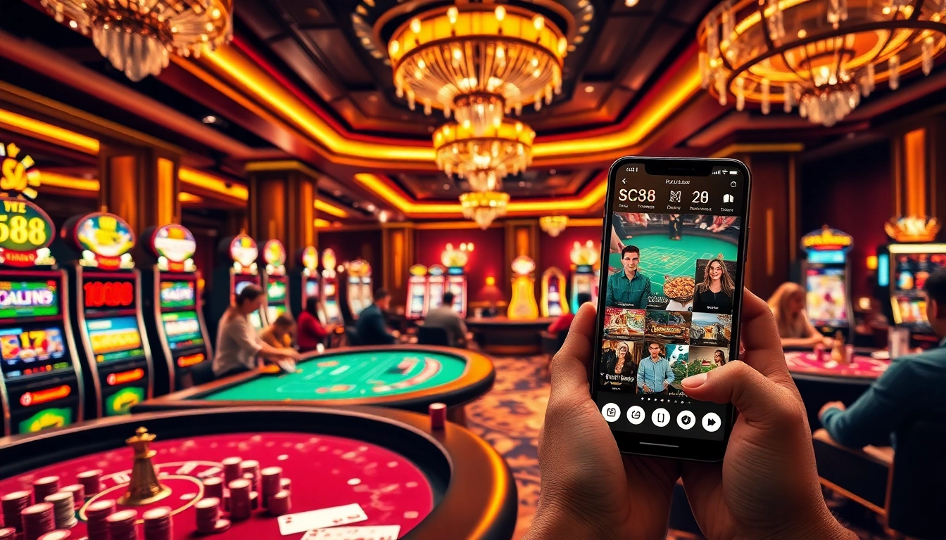 Experience thrilling casino action at http://sc88.link/ with vibrant games, poker chips, and colorful slot machines.